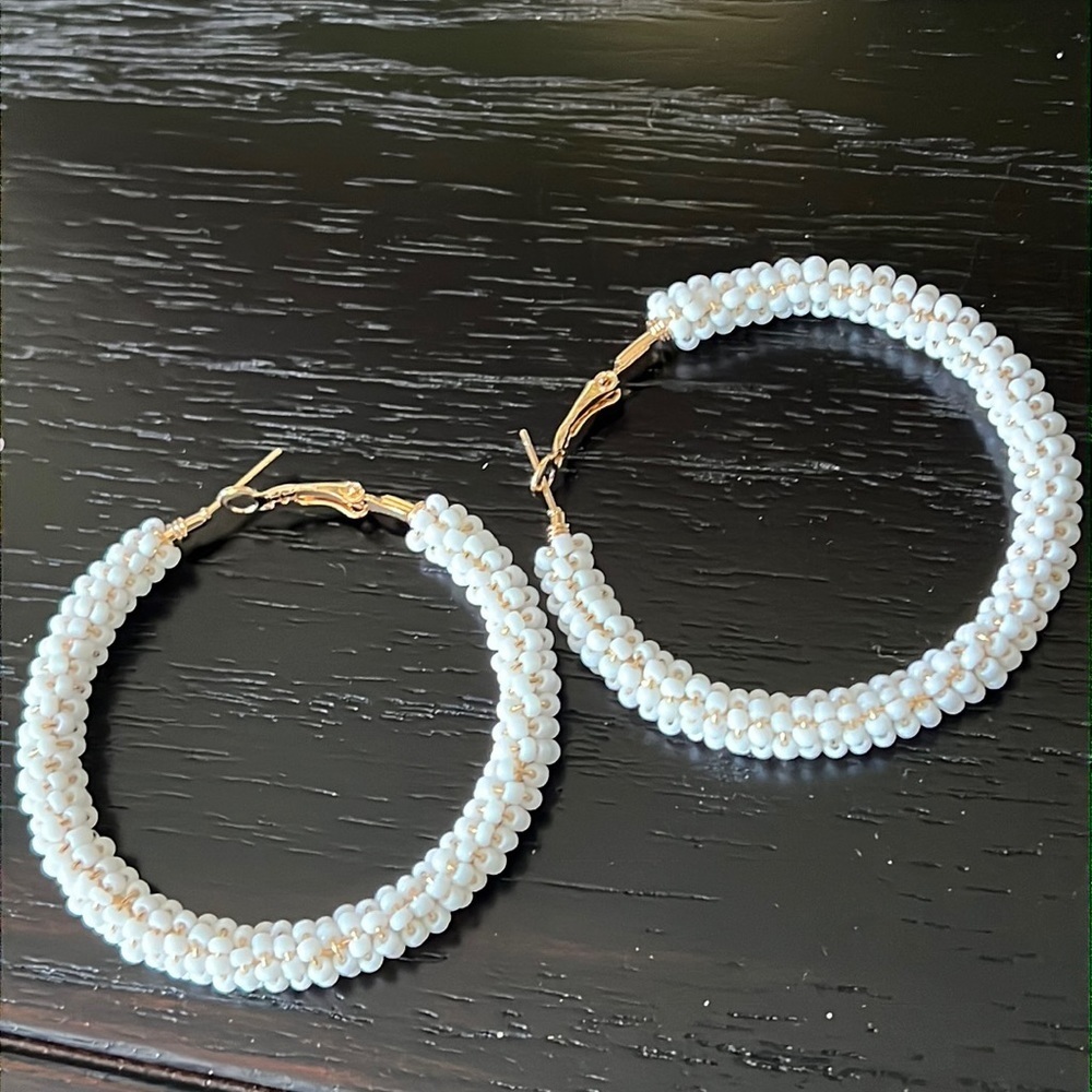 WHITE beaded hoop earrings-NWT